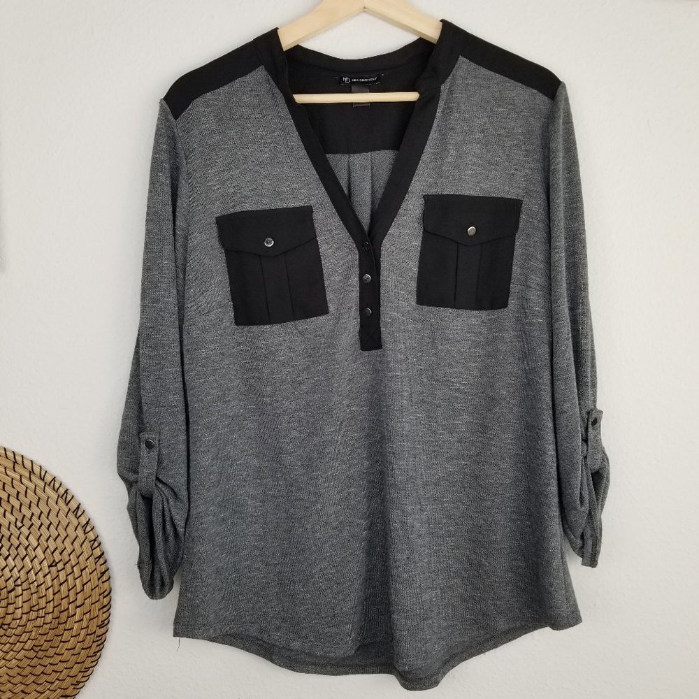 New Directions Button Down 2-Pocket Blouse w/ Yoke